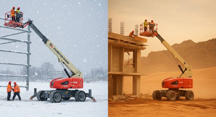 Side-by-side images of construction workers using boom lifts in contrasting environments: one in snowy conditions and the other in a desert setting.