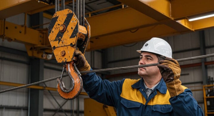A technician wearing a white hard hat, protective gloves, and blue-and-yellow safety uniform inspects the steel wire rope and hook assembly of an overhead crane. The inspection is taking place inside an industrial facility with structural beams and crane components visible in the background.