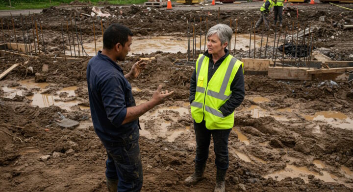 A construction worker in a dark blue uniform, with muddy hands, is speaking to a site manager wearing a high-visibility yellow vest at a muddy construction site. The worker gestures with his hands while the site manager listens attentively with a serious expression. The ground is wet and covered in mud, with puddles and exposed rebar from an unfinished foundation structure. Other workers in high-visibility clothing are seen working in the background.