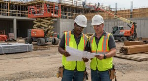 Two construction workers wearing safety gear and high-visibility vests reviewing blueprints at a construction site, with EWP equipment and scaffolding in the background.