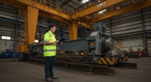 A female engineer wearing a high-visibility safety jacket and holding a clipboard inspects a large industrial crane component on rails inside a spacious warehouse. Overhead gantry cranes dominate the background, indicating a heavy equipment inspection or assessment process.