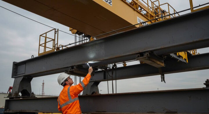 A construction engineer wearing an orange high-visibility jacket and white hard hat uses a flashlight to inspect the underside of a large steel beam on a yellow gantry crane. The inspection is taking place outdoors under a cloudy sky, with industrial structures visible in the background.