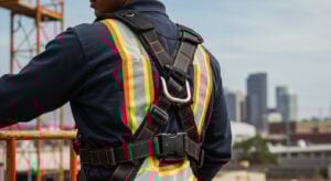 Construction worker wearing a high-visibility safety harness with a secure D-ring attachment, emphasising fall protection on elevated work sites.