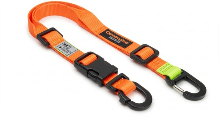 High-quality orange tool lanyard with robust carabiner clips and safety certification tag, designed for secure tool tethering during elevated work on EWPs.