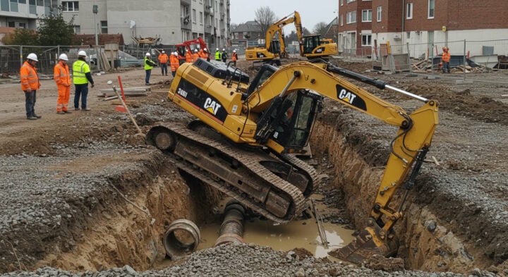 A yellow CAT excavator is precariously positioned over a deep trench on a construction site, with its tracks partially hanging over the edge. A large pipe is visible in the muddy water at the bottom of the trench. Several construction workers wearing safety gear, including hard hats and high-visibility vests, are standing nearby observing the situation. In the background, additional excavators, buildings, and construction materials are visible.