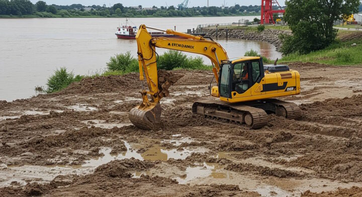 A yellow excavator is operating on a muddy construction site near a riverbank. The machine's bucket is filled with wet soil, and deep tire tracks are visible in the soft ground. A worker is inside the cab, maneuvering the excavator. In the background, a red and white boat is sailing on the river, with industrial cranes, trees, and buildings visible on the far shore.