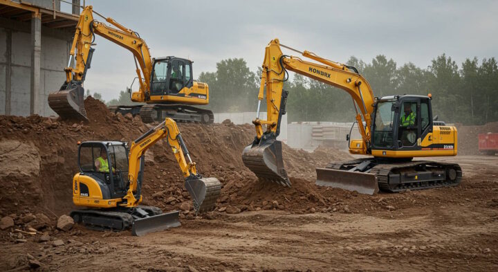 Three yellow excavators actively working on a construction site, moving soil and leveling the ground, with workers operating the machines.