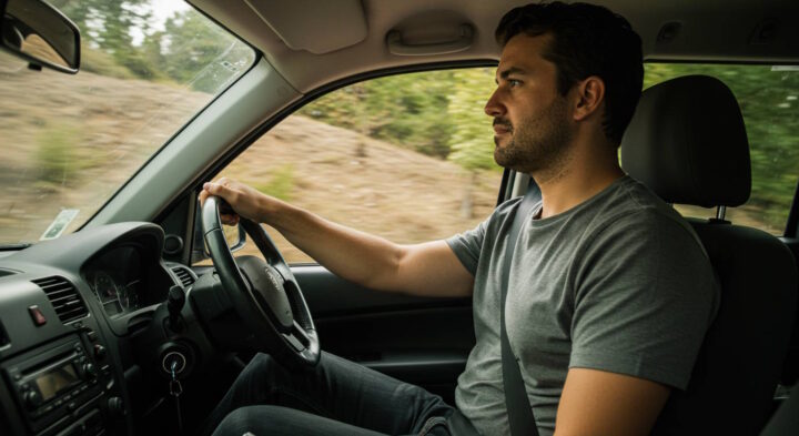 A man wearing a seatbelt drives a vehicle along a scenic road, maintaining a focused and relaxed posture. The car's interior is visible, with the dashboard and steering wheel in view, while blurred trees and hills pass by outside, emphasizing the experience of a peaceful journey.
