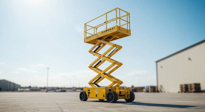 Yellow scissor lift extended to full height on an industrial site with a clear blue sky in the background.