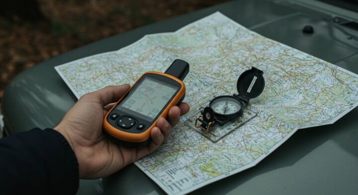Hand holding GPS device and compass with topographical map spread on vehicle bonnet