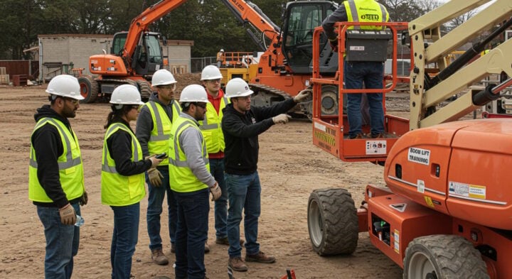 Group of construction workers wearing high-visibility vests and hard hats during boom lift training at a construction site.