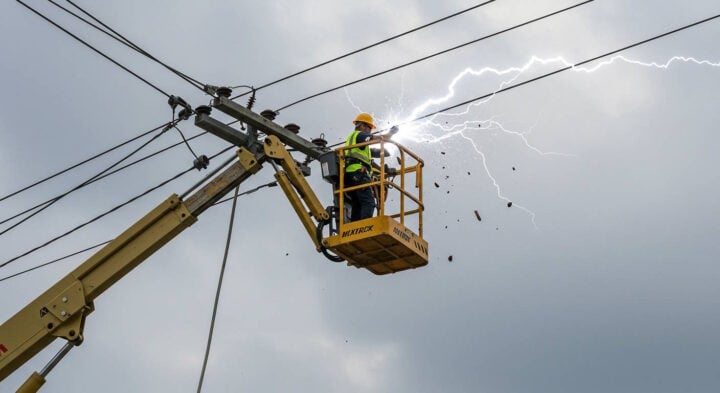 Worker in a boom lift encountering an electrical arc while performing maintenance on power lines.