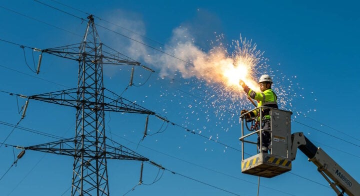 Electrical worker using a boom lift to perform maintenance on high-voltage power lines, with bright sparks and safety gear visible.
