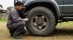 A mechanic in a dark gray work uniform kneels on the grass while using a tool to check or adjust the tire pressure of a rugged off-road vehicle. The large, mud-covered tire and the rural setting with farm structures in the background suggest a maintenance check before or after an off-road adventure.