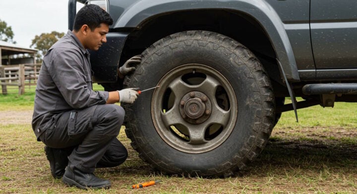 A mechanic in a dark gray work uniform kneels on the grass while using a tool to check or adjust the tire pressure of a rugged off-road vehicle. The large, mud-covered tire and the rural setting with farm structures in the background suggest a maintenance check before or after an off-road adventure.