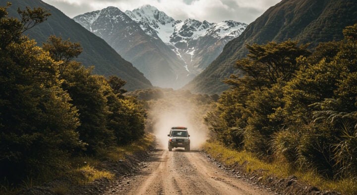 SUV driving on a dusty mountain road through a lush valley with snow-capped peaks in the background.