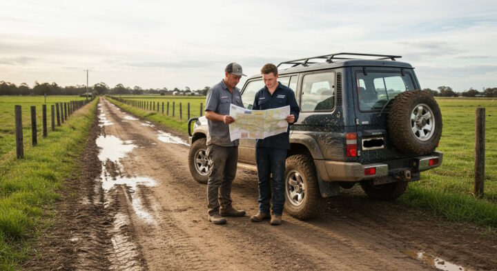 Two men standing on a muddy rural road, examining a large paper map. Behind them is a rugged, mud-splattered off-road SUV with a spare tire mounted on the back. The landscape features open green fields, wooden fences, and a long dirt road stretching into the distance.