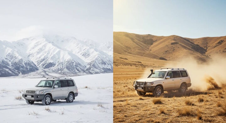 A side-by-side comparison of an off-road SUV navigating two contrasting terrains. On the left, the vehicle drives through a snow-covered landscape with towering, snow-capped mountains in the background. On the right, the same SUV kicks up dust while traversing a dry, rugged terrain with rolling golden hills. The image highlights the vehicle’s versatility in extreme conditions.