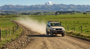 A beige Toyota Land Cruiser drives along a dusty, unpaved road in a vast rural landscape, kicking up a cloud of dust. Lush green fields stretch on both sides, enclosed by wooden fences, with a backdrop of majestic snow-capped mountains under a clear blue sky. The scene conveys a sense of adventure and remote exploration.