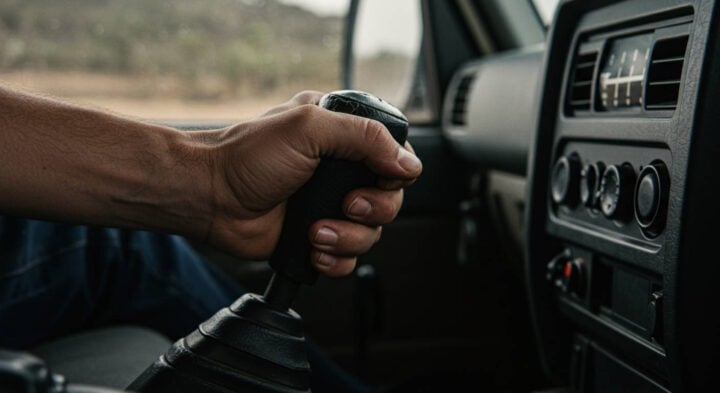 A close-up of a driver’s hand gripping a manual gear shift inside an off-road vehicle. The dashboard and controls are visible, with warm sunlight streaming through the window, illuminating a dusty road in the background.