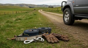 A set of off-road recovery gear, including tow straps, shackles, and gloves, is laid out on the grass beside a rugged SUV parked on a dirt road. Rolling green hills and a winding path stretch into the distance.