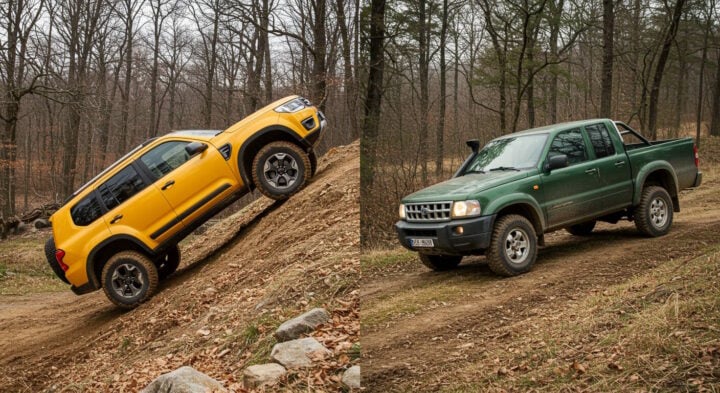 A split-screen image of two off-road vehicles tackling rugged terrain in a forest setting. On the left, a yellow SUV climbs a steep dirt hill, showcasing its off-road capabilities. On the right, a green pickup truck navigates a rough trail through the woods, demonstrating its durability and handling on uneven ground.