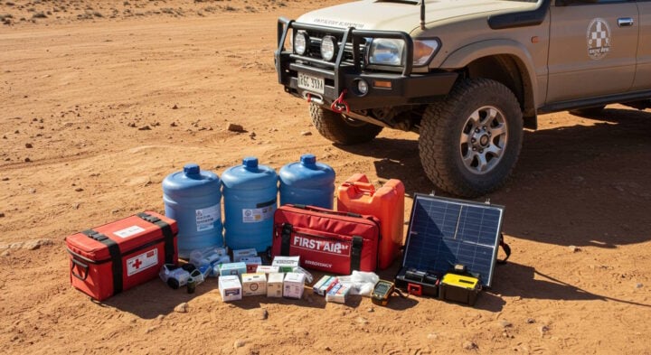 A well-equipped off-road expedition setup displayed on sandy terrain, featuring a rugged 4x4 vehicle alongside essential survival gear, including large water containers, fuel cans, first aid kits, a solar panel, and medical supplies.