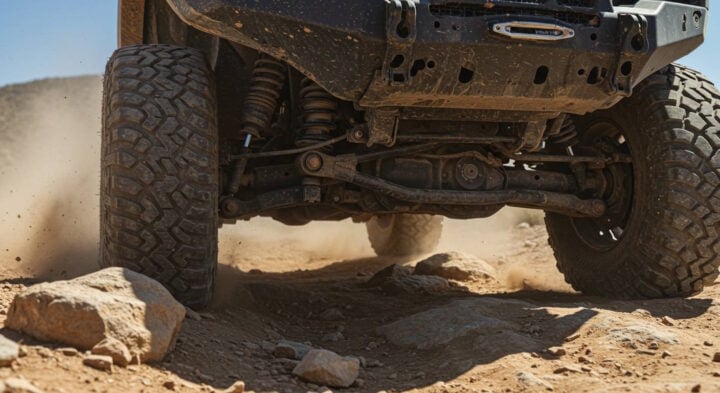 Close-up view of an off-road vehicle’s suspension and undercarriage as it tackles rough terrain. The large, mud-terrain tires and lifted suspension are visible, with dust and rocks being kicked up. The image highlights the vehicle's rugged capability for extreme off-road driving.