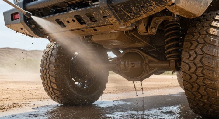 A muddy off-road vehicle being cleaned with a high-pressure water spray, focusing on the suspension, differential, and undercarriage. The powerful water jet removes dirt and debris, highlighting the importance of maintaining off-road vehicles after rough terrain adventures.