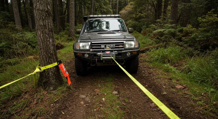 A rugged off-road vehicle with a winch is using a yellow recovery strap attached to a tree for self-recovery on a forest trail. The strap is secured with a tree protector and a snatch block for safe winching.