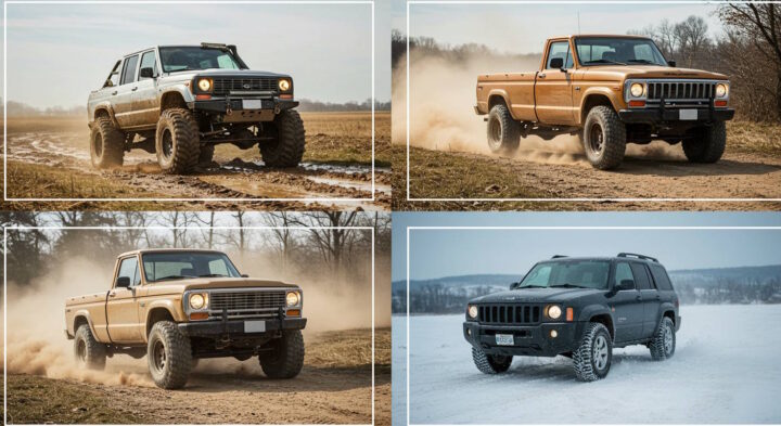 A collage of four off-road vehicles driving through different terrains, including muddy fields, dirt roads, and snowy landscapes. The images showcase rugged pickup trucks and SUVs in action, kicking up dust and navigating rough conditions.