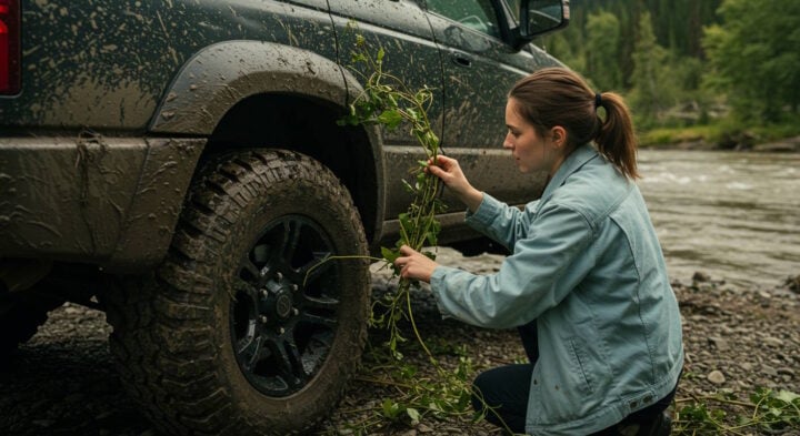 A woman kneels beside a muddy off-road vehicle near a riverbank, carefully removing entangled vines from the vehicle's tire. The SUV is splattered with mud, indicating recent off-road travel through challenging terrain. Trees and a flowing river form a peaceful yet rugged natural backdrop.