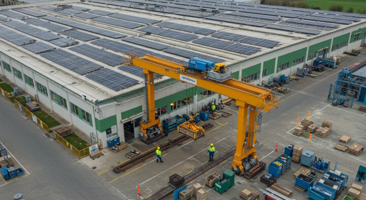 Aerial view of a modern industrial site with an outdoor yellow gantry crane in operation. The adjacent large building has a roof covered with solar panels, indicating a focus on renewable energy. Workers in safety gear manage equipment and materials on the ground, while various tools and crates are organised throughout the site.