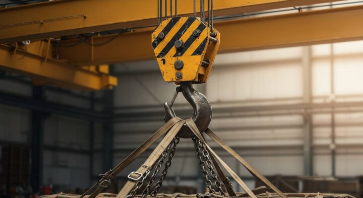 Close-up of a yellow and black striped overhead crane hook lifting a heavy load using multiple chains and fabric straps inside an industrial facility. The background features structural steel beams and soft sunlight illuminating the workspace.