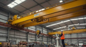 A worker in a safety vest and helmet operates an overhead crane using a control station inside a large industrial warehouse. The bright yellow double-girder overhead crane is suspended from the building structure and equipped with a heavy-duty hook block. The facility is well-lit with shelves and machinery in the background.