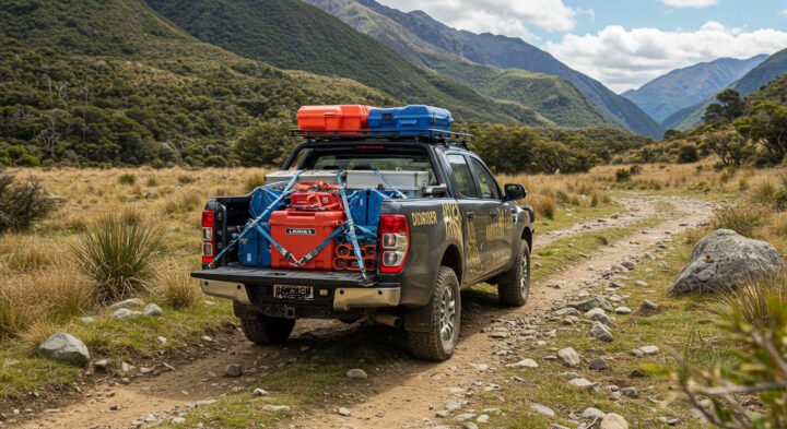 A rugged off-road pickup truck loaded with recovery gear, storage boxes, and equipment is parked on a rocky dirt trail in a remote mountainous landscape. The vehicle is prepared for an overland expedition with supplies strapped securely in the truck bed and on the roof rack.