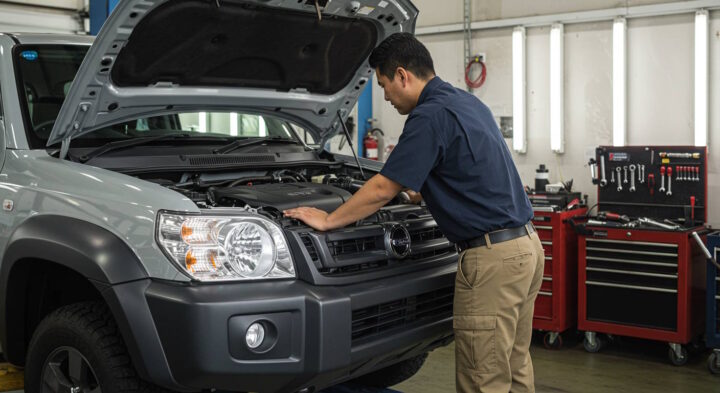 Auto mechanic in a navy blue shirt and khaki pants examining the engine of a silver SUV in a repair garage with tool cabinet visible in the background.