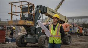 Construction site worker holding plans in front of a boom lift.