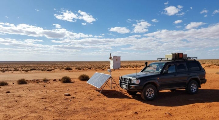 Dark-colored SUV parked in remote desert landscape with portable solar panel and weather monitoring equipment under vast blue sky with scattered clouds.