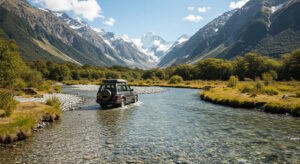 A Toyota SUV fords a shallow, clear river surrounded by lush forest and dramatic snow-capped mountains under a bright blue sky. The scene captures the spirit of adventure and off-road exploration in a pristine alpine environment.