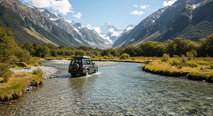 A Toyota SUV fords a shallow, clear river surrounded by lush forest and dramatic snow-capped mountains under a bright blue sky. The scene captures the spirit of adventure and off-road exploration in a pristine alpine environment.