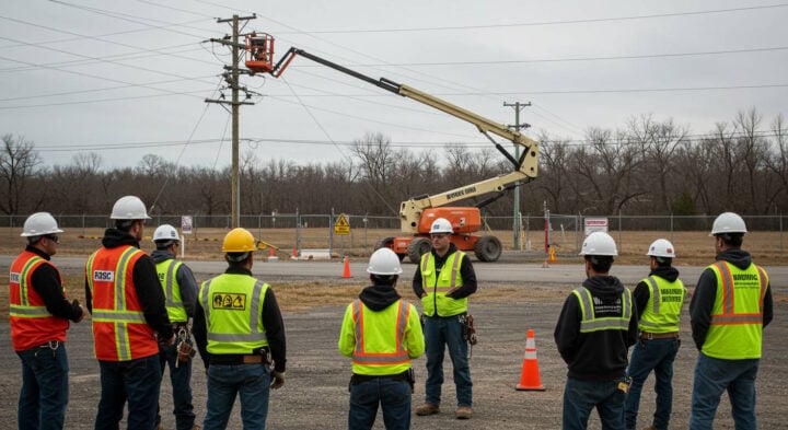 Construction crew in safety gear receiving a safety briefing near a boom lift working on overhead power lines.