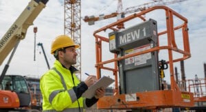 A construction site safety inspector wearing a yellow hard hat and high-visibility jacket stands next to an orange Mobile Elevating Work Platform (MEWP). He is holding a clipboard and pen, conducting a safety check. In the background, cranes and heavy machinery are visible against a partly cloudy sky.