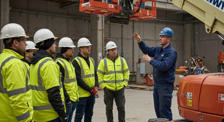 A safety instructor wearing a blue hard hat conducts a training session for construction workers in high-visibility jackets and white hard hats, demonstrating safe practices around an aerial lift inside a construction site.