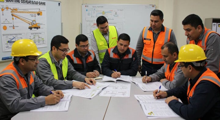 A group of industrial workers, wearing safety vests and helmets, sit around a table in a training room. They are studying gantry crane operation manuals and diagrams. Whiteboards in the background display technical crane schematics and safety instructions.