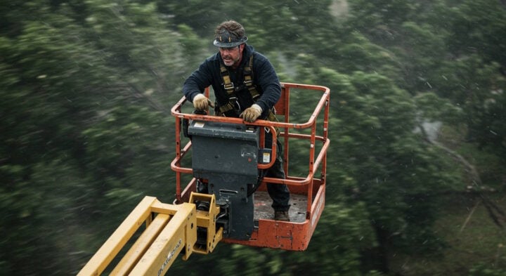 Worker in a safety harness operating an EWP basket at height during rainy and windy conditions, demonstrating safety and stability under adverse weather.