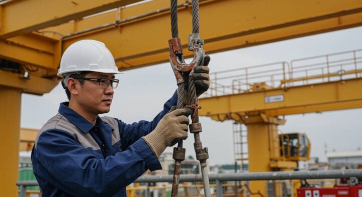 A male technician in safety gear, including a white helmet, gloves, and blue uniform, examines wire ropes and lifting hooks on a gantry crane. Yellow gantry cranes and industrial equipment are visible in the background at a construction or maintenance site.