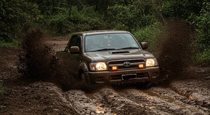 A Toyota pickup truck driving through a deep muddy trail in a dense forest, splashing thick mud on both sides.