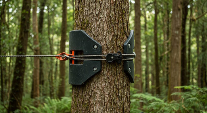 A close-up of a tree trunk with a protective tree saver strap and a steel cable winch wrapped around it in a dense forest. The setup is used for safe off-road vehicle recovery to prevent tree damage.
