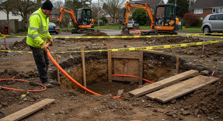 A construction worker in a high-visibility yellow jacket and gloves handling an orange utility conduit near a deep excavation site, surrounded by caution tape, with two excavators and residential houses in the background.